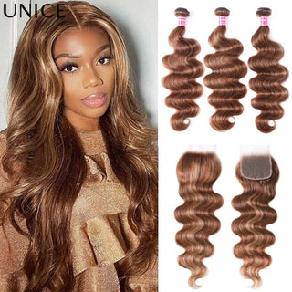 UNice Body Wave Bundles With Clousre 100% Human Hair Bundles 2/3/4 PCS With 1PC 4x4 Lace Closure Can Make 300% Density Wigs