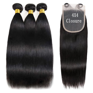 Straight Human Hair Bundles with Frontal Closure 100% Virgin Hair 3 Bundles with 13x4 Lace Frontal Bundles with 4x4 Lace Closure