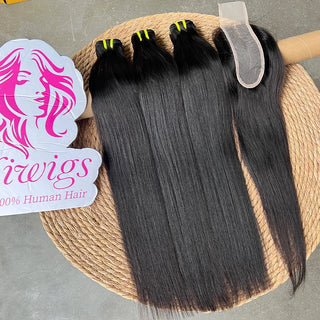 Bone Straight 100% Raw Virgin Vietnamese Human Hair Premium Bundles with 2x6 Transparent Lace Closure Natural Black
