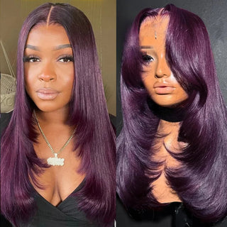 Purple Lace Front Wig 13x4 Glueless Layered Cut Lace Wigs PrePlucked Hd Lace Long Straight Wig For Women Cosplay Daily Use