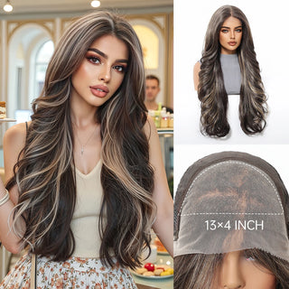 Wdbybeauty Brown Silver Gray Ombre Middle Part Long Curly Lace Front Synthetic Wavy Wig for Women Heat Resistant Lace Frontal Wigs Daily