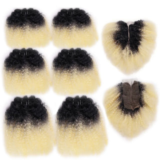Afro Kinky Curly Hair Bundles with Closure High Temperature Fiber Synthetic Hair 6 Bundles with Closure Kinky Curly Hair 240G