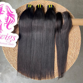 Bone Straight 100% Raw Virgin Vietnamese Human Hair Premium Bundles with 2x6 Transparent Lace Closure Natural Black
