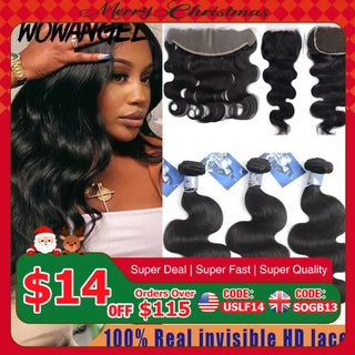 Body Wave Bundles with HD Lace Closure Peruvian Hair Bundles with Frontal Remy Hair Invisible Lace Melt Skins Hair Extensions