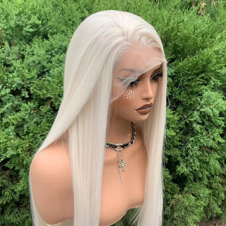 WDBY Beauty 13x6 Glueless Lace Front Wig – Long Straight White Blonde Synthetic Wig (26 Inch, Free Part)