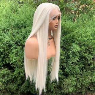 WDBY Beauty 13x6 Glueless Lace Front Wig – Long Straight White Blonde Synthetic Wig (26 Inch, Free Part)