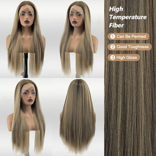WDBY Beauty 13x4 Ash Blonde Highlight Lace Front Wig – Straight Glueless Synthetic Wig with Dark Roots