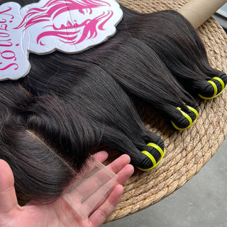 Bone Straight 100% Raw Virgin Vietnamese Human Hair Premium Bundles with 2x6 Transparent Lace Closure Natural Black