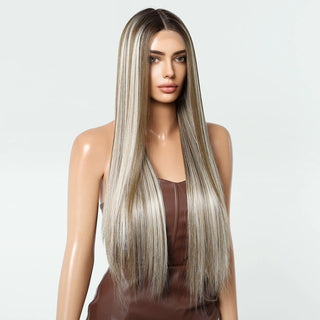 WDBY Beauty 13x6 HD Lace Front Straight Wig – Long Brown & Platinum Highlight Synthetic Wig