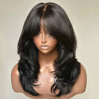 Black Wig WIth Layered Bangs Body Wave Lace Front Wig Short Bob Lace Frontal Wig 13x4 HD PrePlucked Synthetic Daily Wear Cosplay