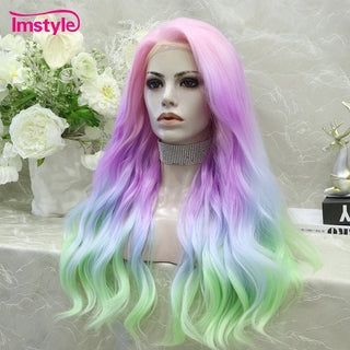 WDBY Beauty Colorful Pink Purple Green Lace Front Wig – Wavy Synthetic Cosplay Wig