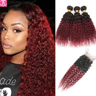 100% Burmese Curly Hair With Lace Closure Ombre Kinky Curly Human Hair 2/3/4 Bundles With HD Closure Deep Wave Hair With Closure