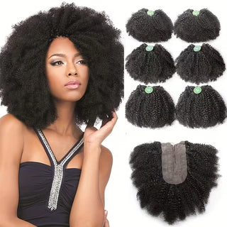 Afro Kinky Curly Hair Bundles with Closure High Temperature Fiber Synthetic Hair 6 Bundles with Closure Kinky Curly Hair 240G