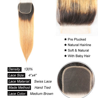 1B/27 Honey Blonde Human Hair Bundles With Closure Brazilian Straight Bundles With Closure 3/4 Human Hair Weave Extensions
