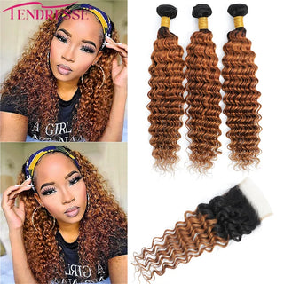 12A Ombre Brazilian Virgin Curly Hair 3 Bundles With Closure Ombre Deep Wave 3 Bundles With Closure 100% Human Hair With Closure