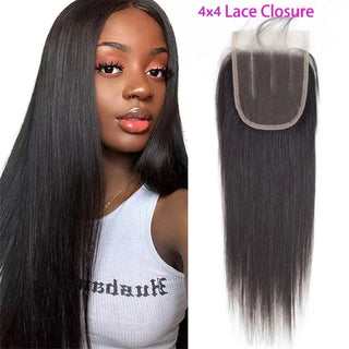 Human Hair Bundles with Closure (10 12 14 16 18，4x4 Lace Closure) Straight Brazilian Human Hair Weft 150% Density Natural Color