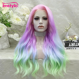 WDBY Beauty Colorful Pink Purple Green Lace Front Wig – Wavy Synthetic Cosplay Wig