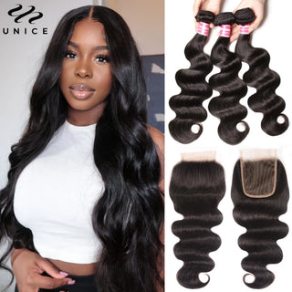 UNice Body Wave Bundles With Clousre 100% Human Hair Bundles 2/3/4 PCS With 1PC 4x4 Lace Closure Can Make 300% Density Wigs