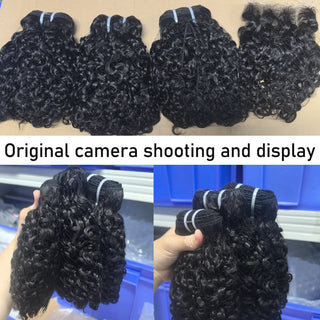 Pixie Curl Hair Bundles with Closure Deep Curly Hair Brazilian Raw Hair Weaving 8-20 Inch Human Hair Loose Deep Wave Extensions