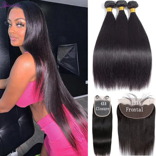 Straight Human Hair Bundles with Frontal Closure 100% Virgin Hair 3 Bundles with 13x4 Lace Frontal Bundles with 4x4 Lace Closure