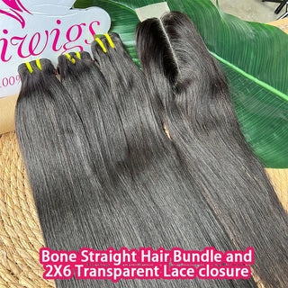 Bone Straight 100% Raw Virgin Vietnamese Human Hair Premium Bundles with 2x6 Transparent Lace Closure Natural Black