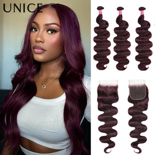 UNice Body Wave Bundles With Clousre 100% Human Hair Bundles 2/3/4 PCS With 1PC 4x4 Lace Closure Can Make 300% Density Wigs