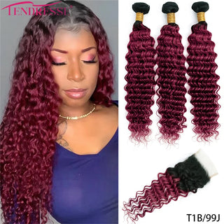 12A Ombre Brazilian Virgin Curly Hair 3 Bundles With Closure Ombre Deep Wave 3 Bundles With Closure 100% Human Hair With Closure