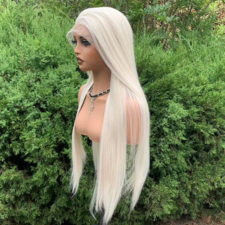 WDBY Beauty 13x6 Glueless Lace Front Wig – Long Straight White Blonde Synthetic Wig (26 Inch, Free Part)