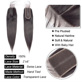Straight Hair 2X6 13x4 Lace Frontal Closure Only 4x4 5x5 6x6 Lace Closure Brazilian Hair PrePlucked Hair Line Human Hair Closure