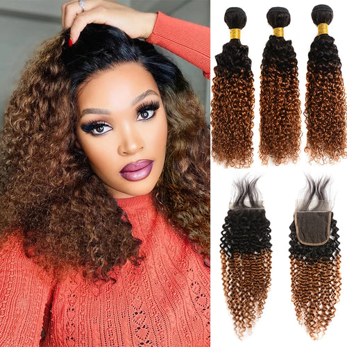 100% Burmese Curly Hair With Lace Closure Ombre Kinky Curly Human Hair 2/3/4 Bundles With HD Closure Deep Wave Hair With Closure