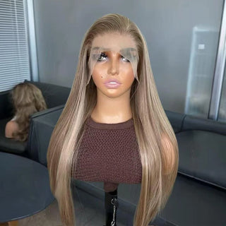WDBY Beauty 13x4 Ash Blonde Highlight Lace Front Wig – Straight Glueless Synthetic Wig with Dark Roots