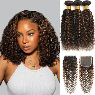 100% Burmese Curly Hair With Lace Closure Ombre Kinky Curly Human Hair 2/3/4 Bundles With HD Closure Deep Wave Hair With Closure