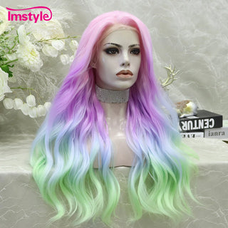 WDBY Beauty Colorful Pink Purple Green Lace Front Wig – Wavy Synthetic Cosplay Wig