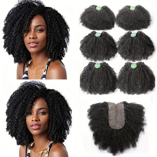 Afro Kinky Curly Hair Bundles with Closure High Temperature Fiber Synthetic Hair 6 Bundles with Closure Kinky Curly Hair 240G