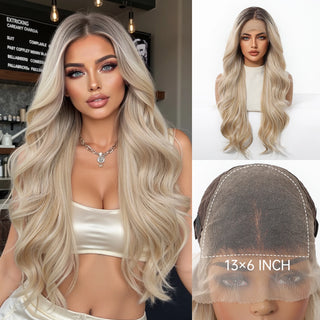 Wdbybeauty Brown Silver Gray Ombre Middle Part Long Curly Lace Front Synthetic Wavy Wig for Women Heat Resistant Lace Frontal Wigs Daily