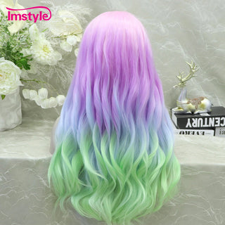 WDBY Beauty Colorful Pink Purple Green Lace Front Wig – Wavy Synthetic Cosplay Wig