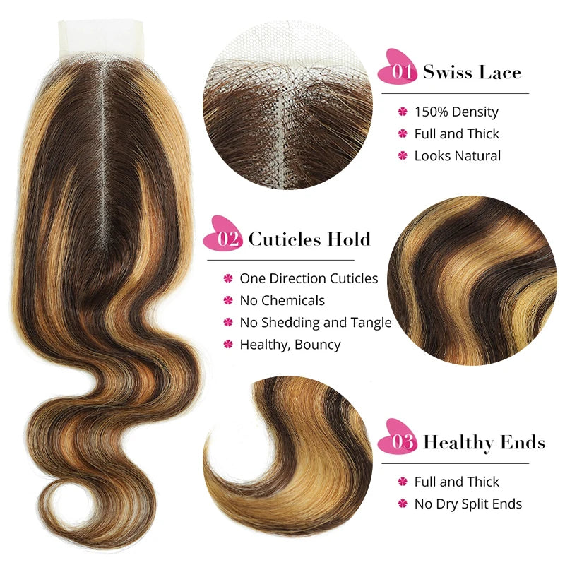 2x6 Closure With Bundles Honey Blonde Body Wave Bundles With Closure Ombre Colored Highlight Human Hair Bundles With Closure