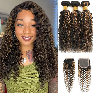 100% Burmese Curly Hair With Lace Closure Ombre Kinky Curly Human Hair 2/3/4 Bundles With HD Closure Deep Wave Hair With Closure