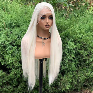 WDBY Beauty 13x6 Glueless Lace Front Wig – Long Straight White Blonde Synthetic Wig (26 Inch, Free Part)