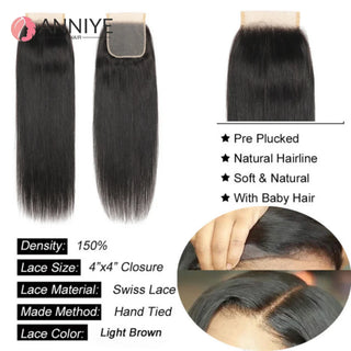 Raw Indian Straight 3 Bundles With 4x4 HD Lace Closure Frontal Human Hair Double Weft Natural Color Hair For Black Women ANNIYE