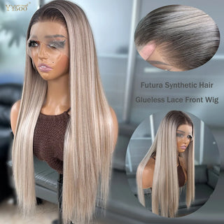 Wdbybeauty long Heat Resistant 13x6 Synthetic Lace Front Wig Japan Futura Hair Ombre Highlights Silky Straight Hair Pre Plucked Hairline
