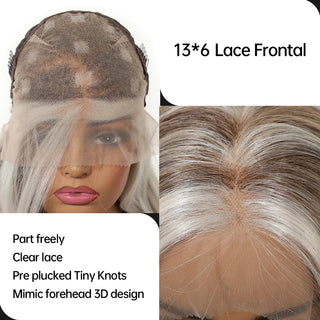Wdbybeauty Brown Silver Gray Ombre Middle Part Long Curly Lace Front Synthetic Wavy Wig for Women Heat Resistant Lace Frontal Wigs Daily
