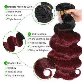 Human Hair Bundles With Closure 1B/Burgundy Brazilian Body Wave Weave Bundles 100% Human Hair Extensions Lace Frontal Clearance