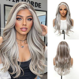 Wdbybeauty Brown Silver Gray Ombre Middle Part Long Curly Lace Front Synthetic Wavy Wig for Women Heat Resistant Lace Frontal Wigs Daily