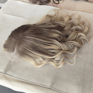 Luxury Highlight human hair lace wigs Dark Brown Roots Mix Blonde body wave human hair wigs European Hair Full Lace for Women