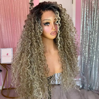 Glueless Wig High Quality Wigs Long Deep Curly Wave Wig Ombre Ash Blonde HD Wig Soft Natural Synthetic Lace Front Wig For Women