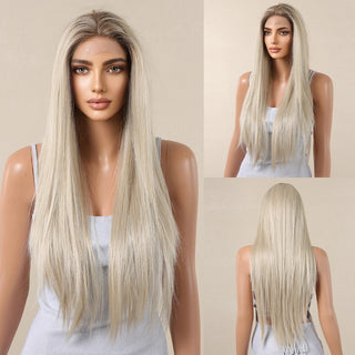 WDBY Beauty 13x6 HD Lace Front Straight Wig – Long Brown & Platinum Highlight Synthetic Wig