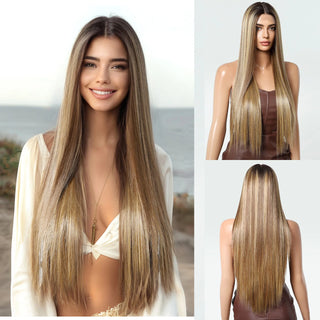 WDBY Beauty 13x6 HD Lace Front Straight Wig – Long Brown & Platinum Highlight Synthetic Wig