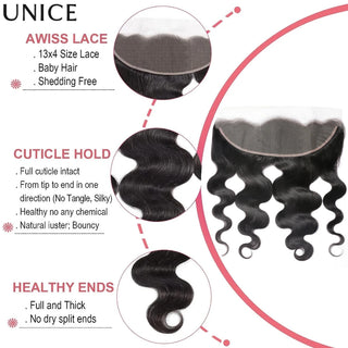 UNice Body Wave 13x4 Lace Frontal Only 100% Human Hair Pre Plucked Ear To Ear Lace Frontal Free Part