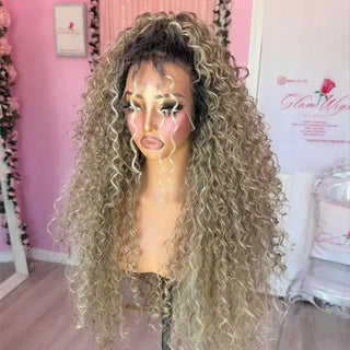 Glueless Wig High Quality Wigs Long Deep Curly Wave Wig Ombre Ash Blonde HD Wig Soft Natural Synthetic Lace Front Wig For Women